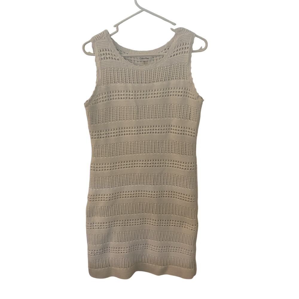 Calvin Klein Crochet Winter White Sheath Dress Size M Stretch Sleeveless
